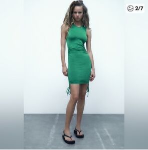 NWT ZARA Women’s Green Ruched Dress with Ties on the side seamless